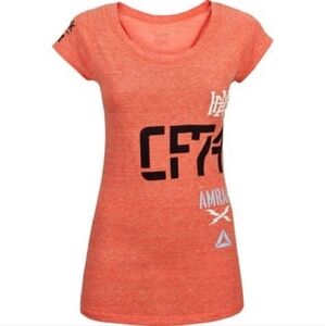 REEBOK CrossFit CF74‎ Fitted Graphic T-Shirt Orange Cap Sleeves Long Seamed Top
